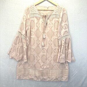 Anthropologie Floreat Shift Dress Womens 8 Boho Sheer Bell Sleeve Feminine Pink‎